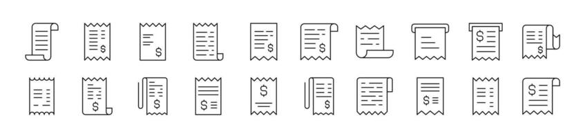 Bundle of Line Icons of Store Receipt. Editable Stroke. Minimalistic Linear Pictogram for Design of Cards, Apps, Banners, Posts vector