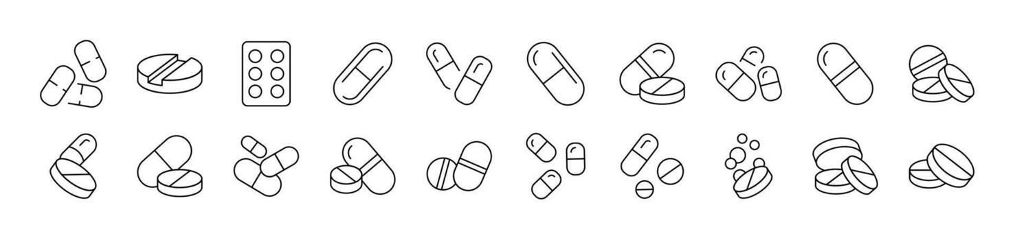 Pills and Medication Simple Isolated Line Icons Collection. Editable Stroke. Suitable for Web Sites, Books, Cards, Apps vector