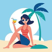 a cute woman sits on the beach with palm trees and a drink vector