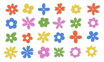 Groovy set of simple drawn flowers. Hippie stickers. Modern abstract template. Vintage decorative design element. vector
