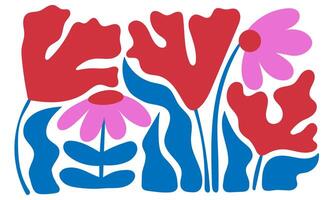 Horizontal background with abstract groovy flowers. Bouquets of flowers in trendy naive retro hippie 60s 70s style.. Drawing style. Cute botanical shapes vector