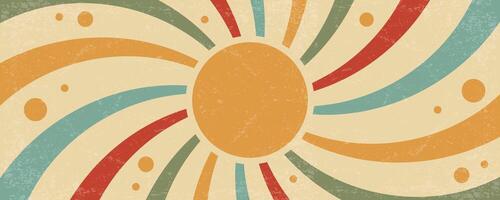 Sunrays retro background. Summer 70s poster. Abstract groovy design with grunge texture. Old paper banner with orange spiral beams on yellow backdrop. vector