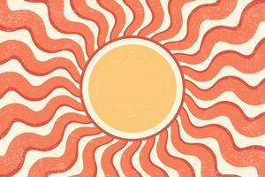 Sunrays retro background. Summer 70s poster. Abstract groovy design with grunge texture. Old paper banner with orange spiral beams on yellow backdrop. vector