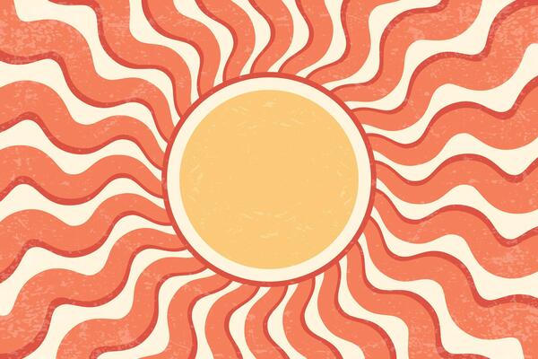Sunrays retro background. Summer 70s poster. Abstract groovy design with grunge texture. Old paper banner with orange spiral beams on yellow backdrop.
