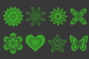 Pixel pattern shapes. Textured heart flower and butterfly with bitmap Y2k dither gradient. Retro star with old computer game graphic effect. Halftone grunge illustration vector