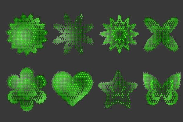 Pixel pattern shapes. Textured heart flower and butterfly with bitmap Y2k dither gradient. Retro star with old computer game graphic effect. Halftone grunge illustration