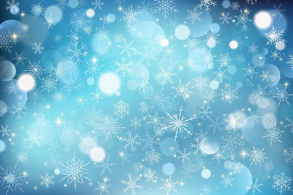 Blue winter background with snowflakes and white bokeh for holiday design. Cold blurred sky with magic falling flakes. New year wallpaper for cards decoration.