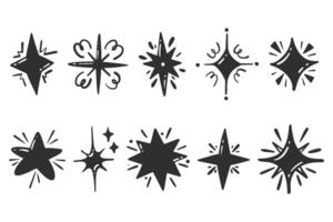 Star icons with glitter and sparkles. Shiny magic hand drawn elements. Retro decoration design set. Cartoon doodle pictograms. vector