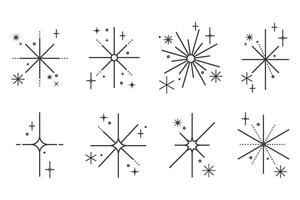 Outline icons of stars with sparkles. Glitter light graphic elements set. Twinkles retro symbols on white background. Minimal magic decoration pictograms. Abstract modern figures vector