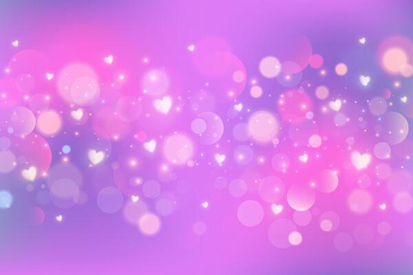 Pink and purple blurred background with hearts bokeh and glitter. Valentine day romantic backdrop with dreamy sparkles and stars. Bright color gradation sky with magic soft light.