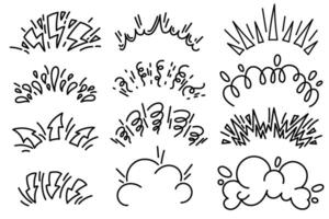 Cartoon comic bomb bang explosion effect. Burst with splashes and smoke elements. Doodle speed lines and pow clouds. Hand drawn fire lightning and arrows sketch vector