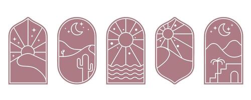 Desert boho logo with sun and mountains. Abstract bohemian illustration with moon cactus and minimal landscape. Arch and windows shapes set. Design elements for poster and decoration vector