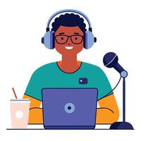 Call center handsome operator is explaining something to a customer vector