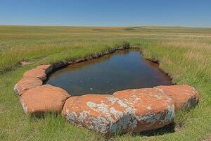 A Small Pool of Water in a Stone Lined Depression in a Grassy Field photo