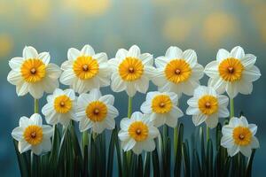 A Row of White and Yellow Daffodils in Bloom photo