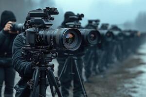 A Row of Cameramen Capturing a Moment in the Fog photo