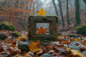 A Single Maple Leaf Framed in a Concrete Block in an Autumnal Forest photo