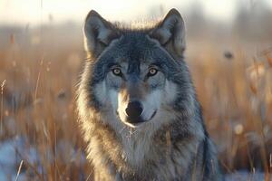 A Close-Up Portrait of a Wolf in a Field of Tall Grass photo