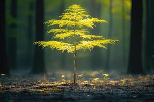 A Single Young Tree in a Forest Clearing with Sunlight Filtering Through the Trees photo