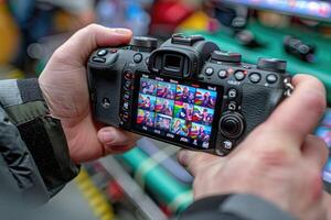 A Close-up of a Person Holding a Camera, Viewing Multiple Images on the Display photo