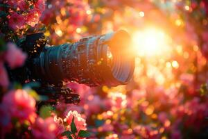 A Close-up of a Professional Camera Lens with a Blurry Background of Pink Flowers and a Sun Flare photo