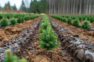 A single coniferous sapling in a row of young trees photo