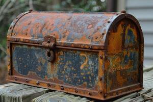 A Rusty Metal Chest with a Clasp and Rivets photo