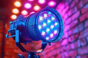 A Close-up of a Stage Light with Multiple LED Bulbs Against a Blurred Background of Colored Lights photo