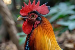 A Close-Up Portrait of a Rooster's Head with Bright Red Comb and Wattle photo