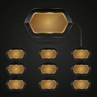 A chart of rectangle Black and gold buttons with Luxury Hexagon-shaped design with golden, metallic sheen at the center, illustration vector