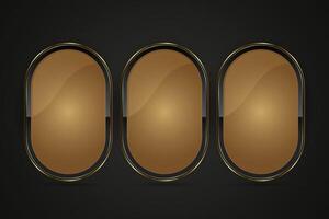Set of three Luxury rectangles Black and gold buttons with an oval-shaped design with 3 golden, metallic sheen at the center. The central oval has a smooth gradient style vector