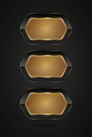 Three rectangle Black and gold buttons with Luxury Hexagon-shaped design with 3 golden, metallic sheen at the center, illustration vector