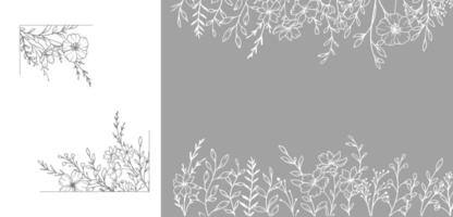 Trendy floral frames with wildflowers and leaves line art. Line Art Collection of wildflowers. line art graphics. Perfect for Elegant wedding invitations, trendy minimalist cards , save the date vector