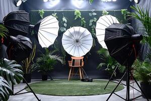 A Photography Studio Setup with Umbrellas and a Green Floor photo