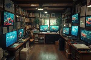 A cluttered home office with a desk full of electronics, documents and a bookshelf filled with books. photo