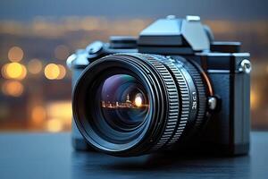 A camera is shown with a cityscape in the background photo