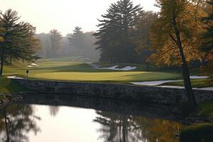 A lone golfer on a scenic golf course with a stone wall and a pond in the foreground photo