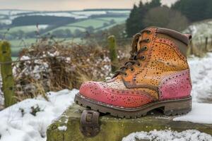 A Colorful Boot Resting on a Fence Post in a Snowy Landscape photo