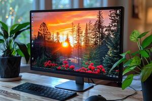 A computer monitor displaying a sunset in a forest scene photo