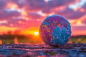 A globe with the world on it is shown in front of a sunset photo