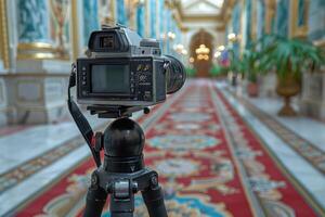 A camera on a tripod in a hallway photo