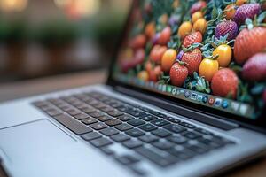 A Laptop Computer with a Display of Strawberries and Yellow Tomatoes photo