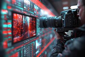 A man holding a camera in front of a computer screen photo