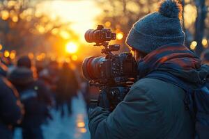A man with a camera is taking a picture of a crowd photo