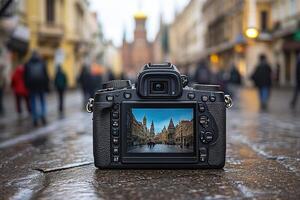 A camera sitting on the ground in front of a building photo