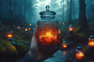 A person holding a jar filled with candles in a forest photo