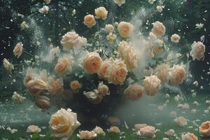 A vase of roses is being sprayed with water photo