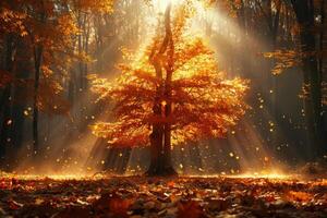 An autumn tree in the middle of a forest with sunbeams shining through photo