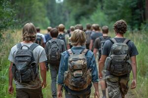 A group of people walking down a path with backpacks photo