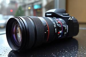 A Black Camera Lens with a Red Stripe Lying on a Wet Surface photo
